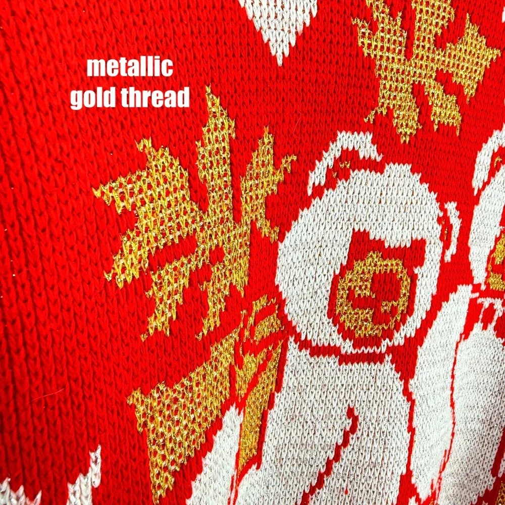 Holiday Time Christmas Sweater Womens L‎ Red Metallic Gold Bears Novelty Vintage